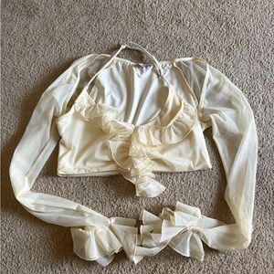 Oh Polly Cream Ruffle Mesh Long-Sleeve Crop Top